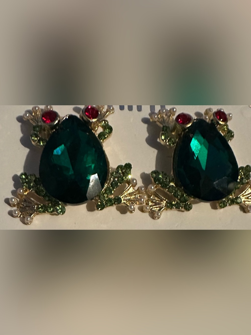 Frog Earrings with Green Rhinestones in gold tone